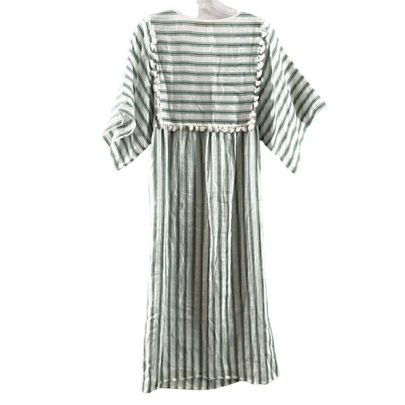 Tory Burch Striped Linen Caftan Size Small Midi Green White Tassels Swim coverup - Picture 2 of 13